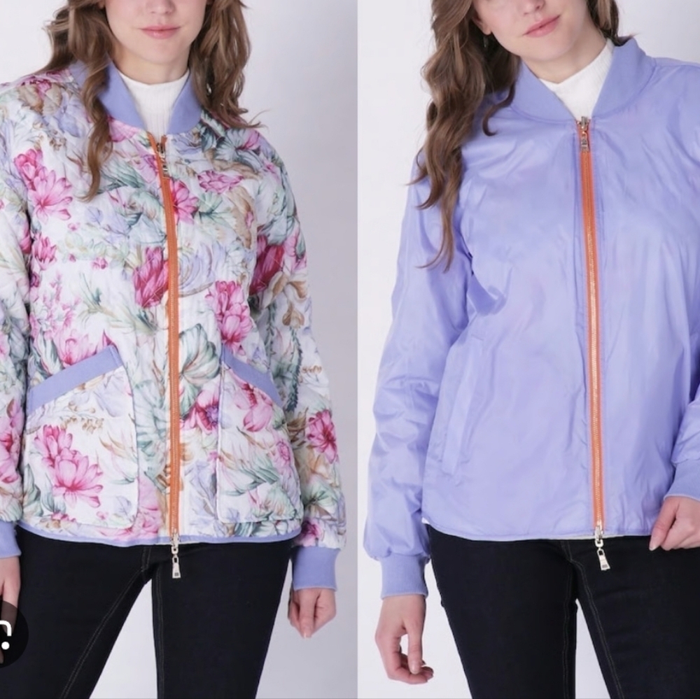 Women's Reversible Floral Bomber Jacket - Purple and Floral